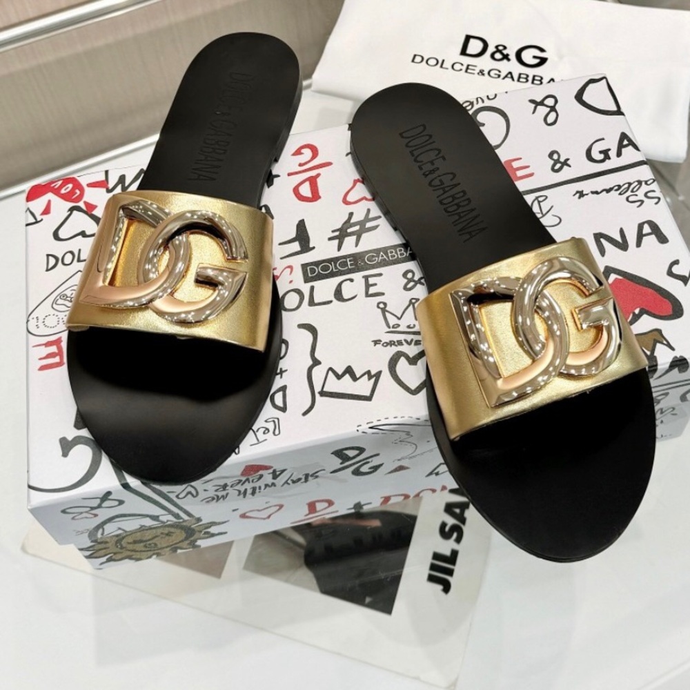 Dolce & Gabbana Black and Gold DG Logo Slide Sandals
